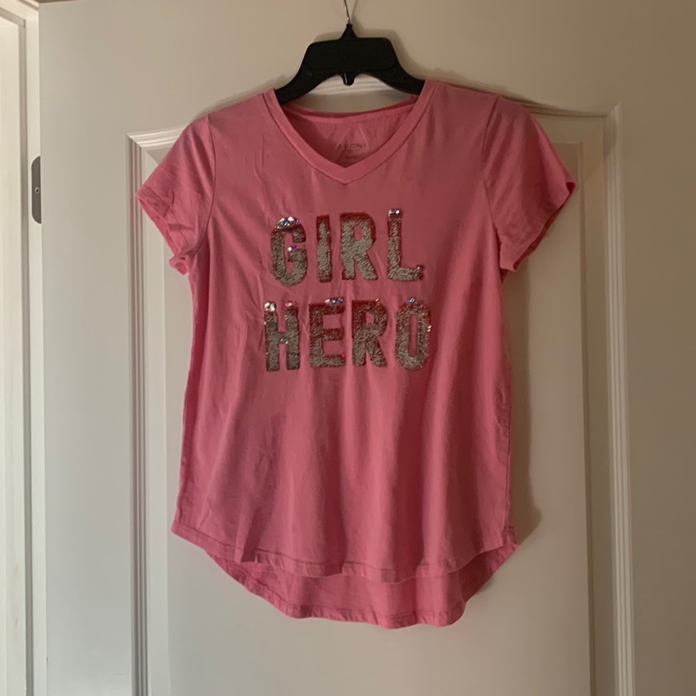 Pink girl hero sparkly shirt.